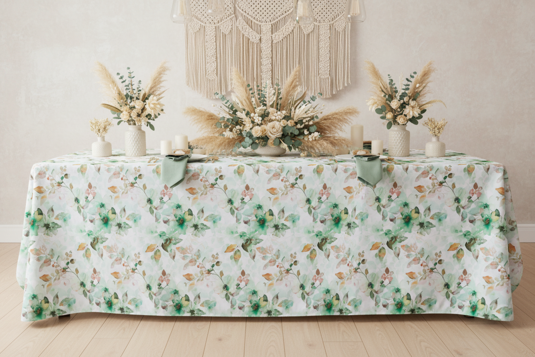 indoor baby shower setup with Watercolor-Floral-Rectangular-90x156-Tablecloth-Green-lifestyle