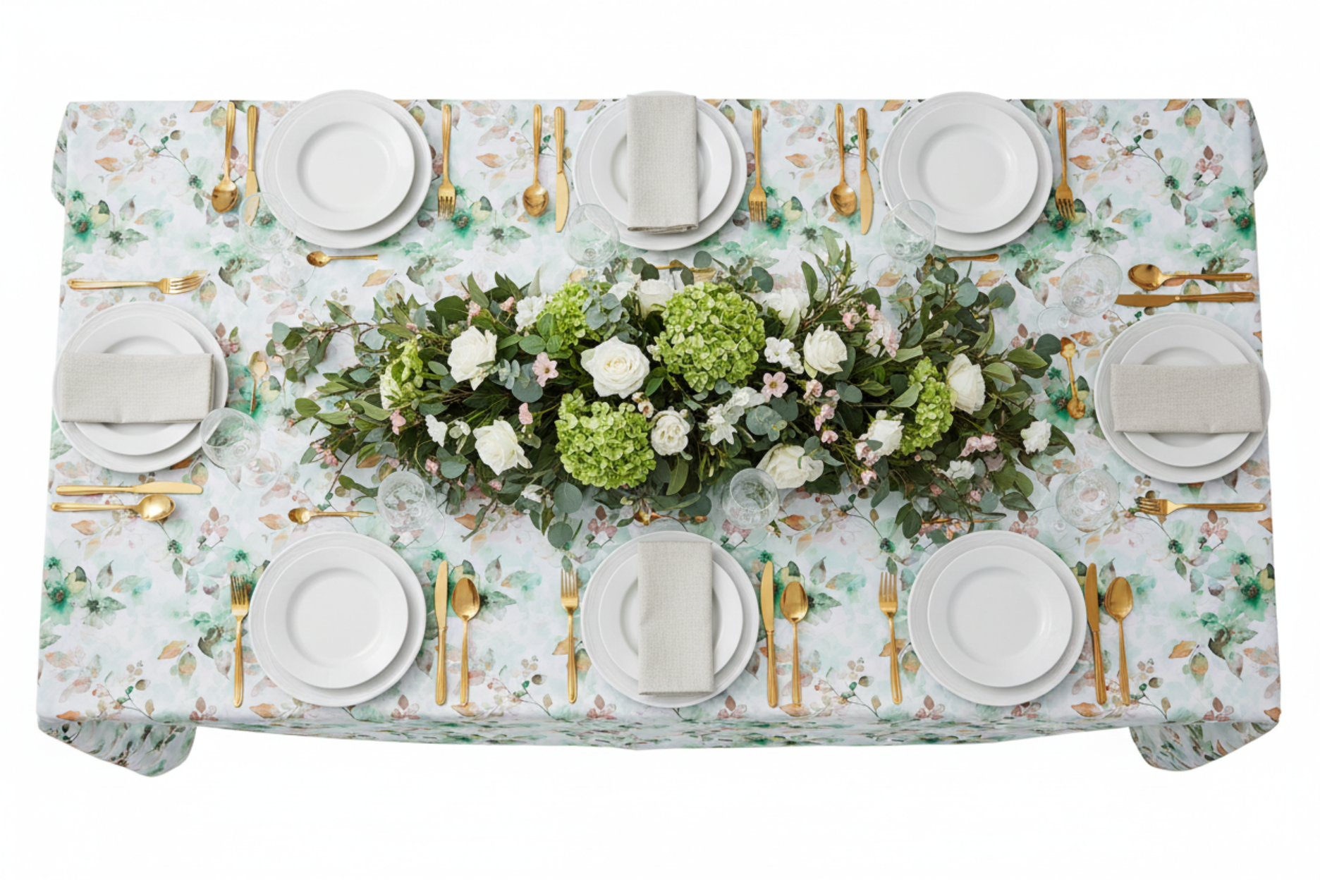 top view of Watercolor-Floral-Rectangular-90x156-Tablecloth-Green-lifestyle