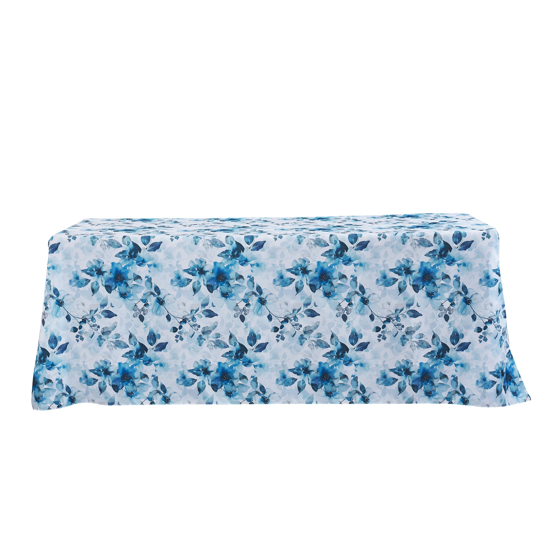 Watercolor Floral Print Rectangular Tablecloth 108"x156" Blue front view
