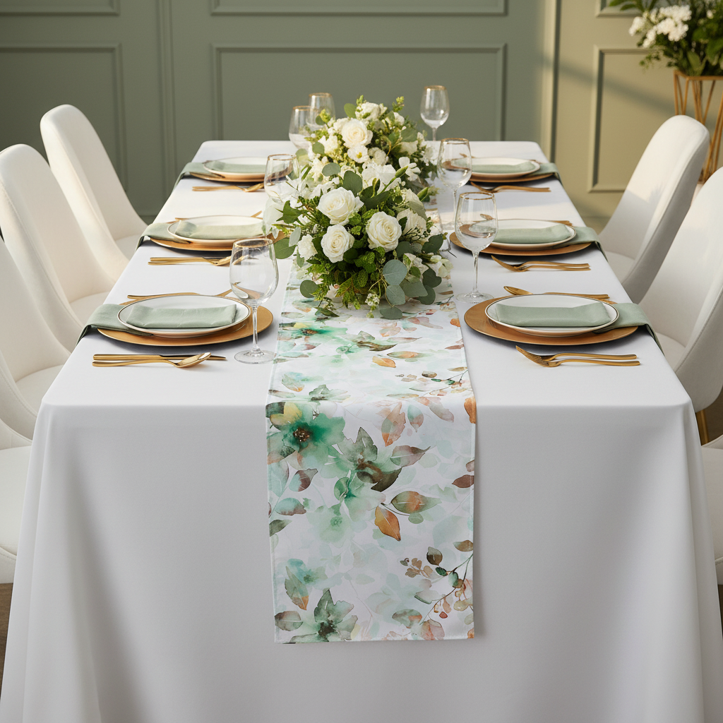 Watercolor Floral Table Runner - Green
