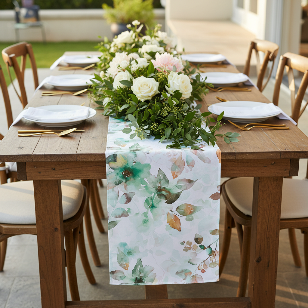 Watercolor Floral Table Runner - Green