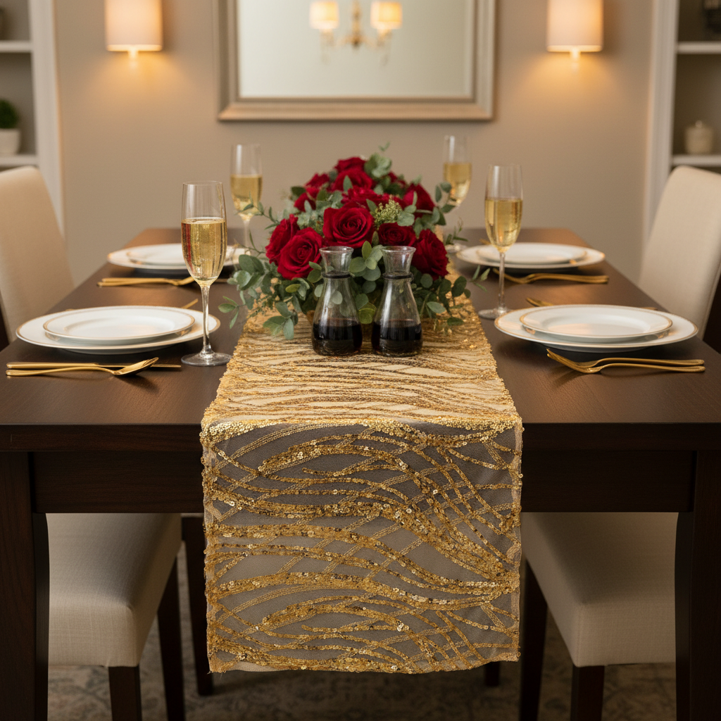 Wave Sequin Mesh Table Runner 12"x108" - Gold