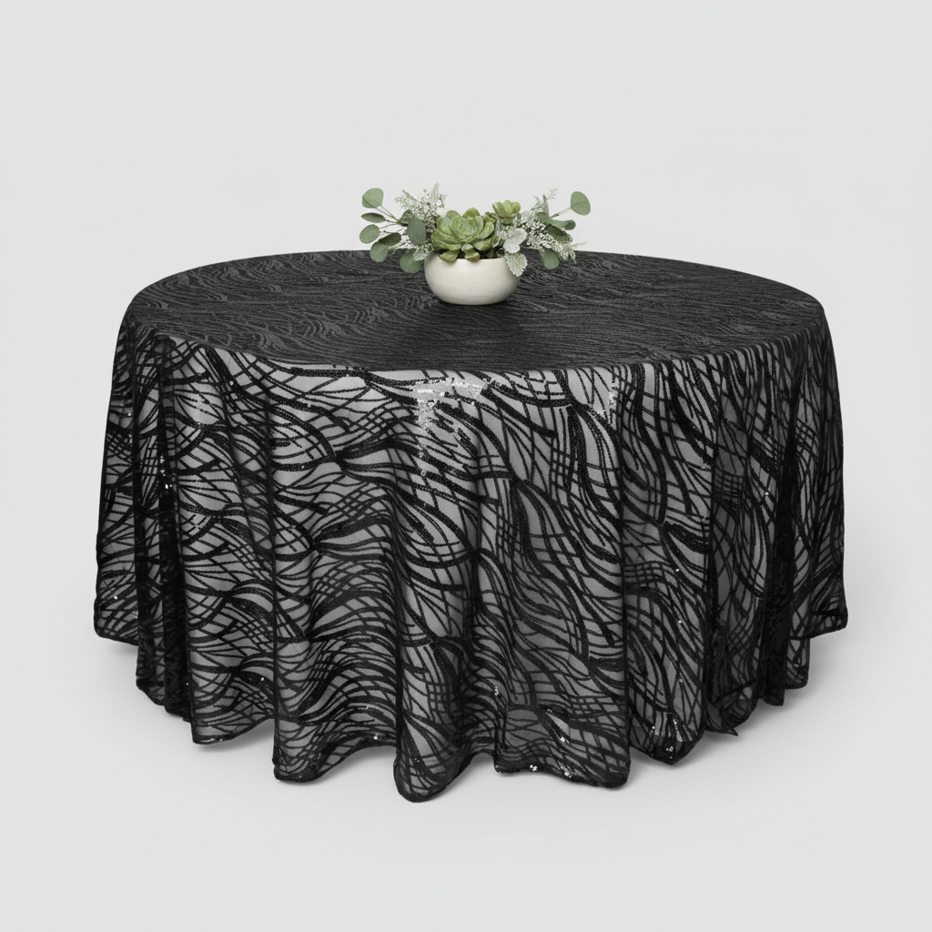 Wave Sequin Mesh Tablecloth 120" Round - Black