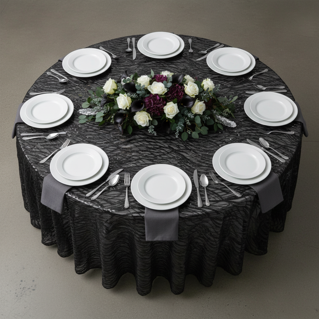 Wave Sequin Mesh Tablecloth 120" Round - Black