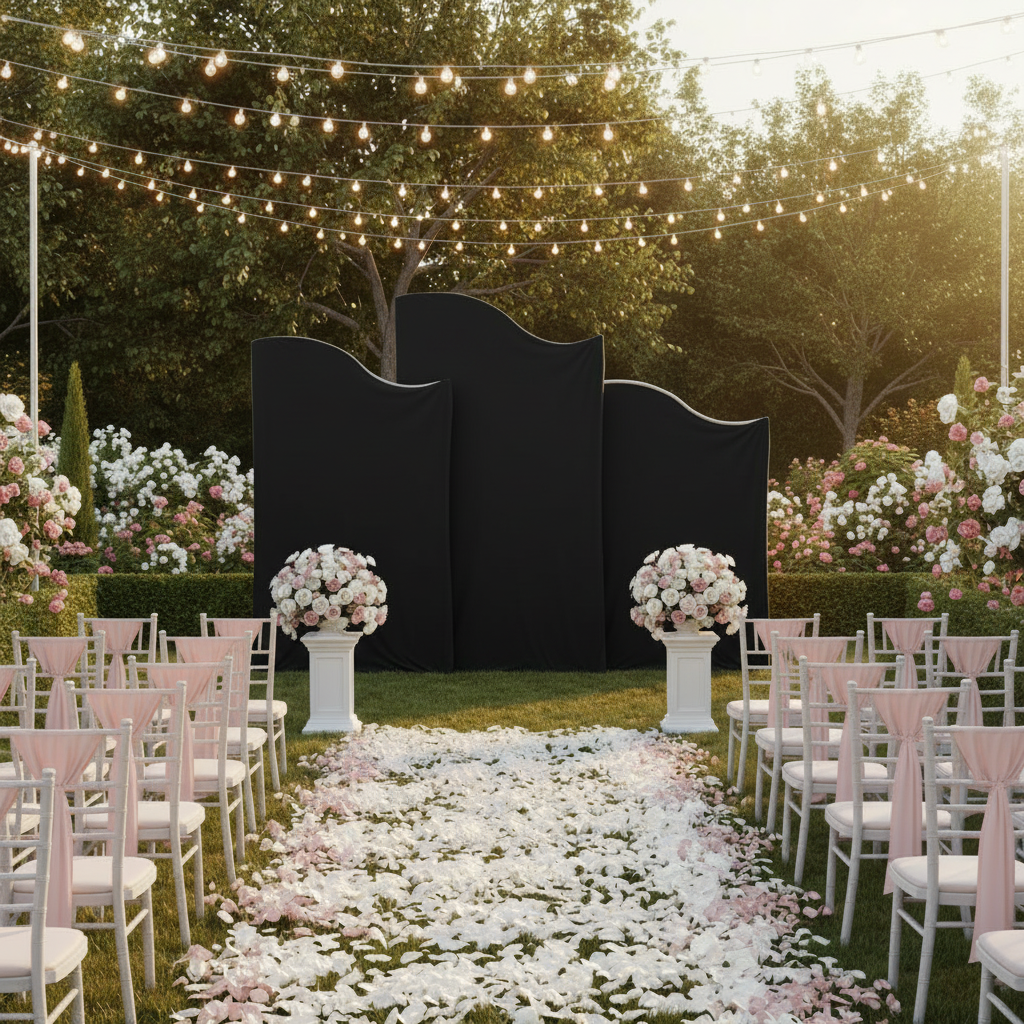 garden wedding reception with Wave Top Chiara Arch Backdrop Frame Stands 3pc/set and Spandex Arch Covers for Heavy Duty Wave Frame Backdrop 3pc/set - Black