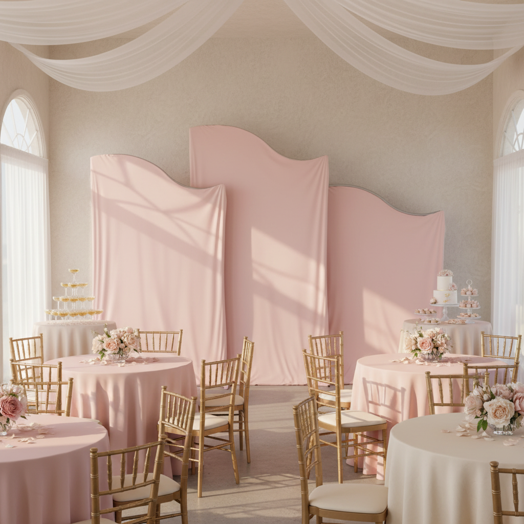 bridal shower reception with Wave Top Chiara Arch Backdrop Frame Stands 3pc/set and Spandex Arch Covers for Heavy Duty Wave Frame Backdrop 3pc/set - Pink
