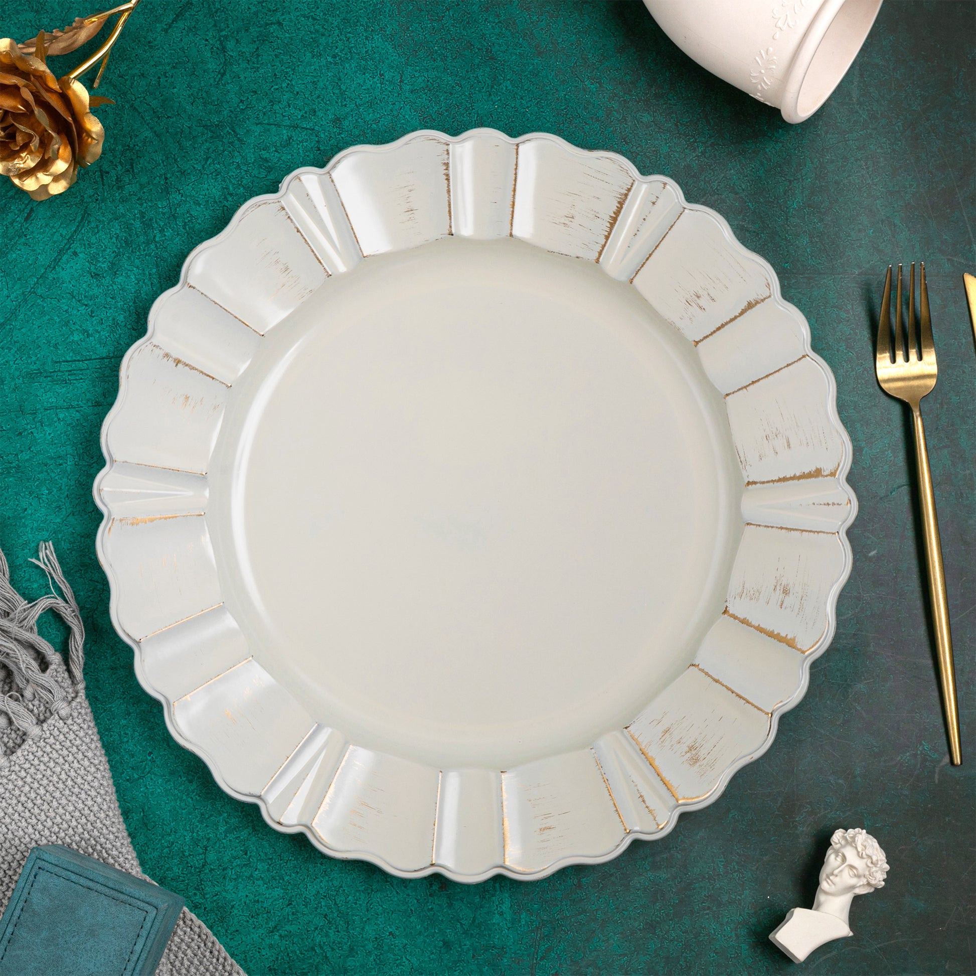 13-Inch Antique White Charger Plates - Set Of 6 Scalloped Rim Plastic Chargers For Formal Dining