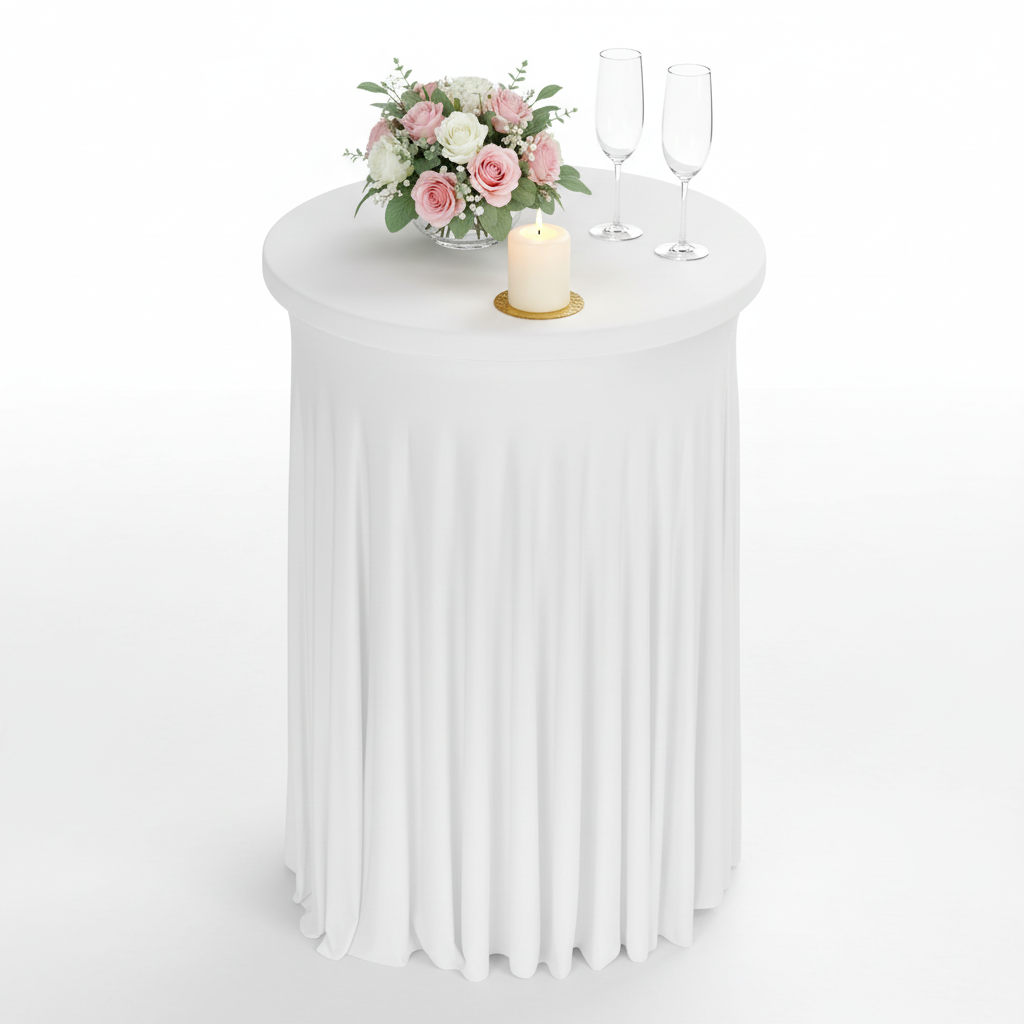 front view of Wavy Spandex Cocktail Table Cover 30"-32" Round - White