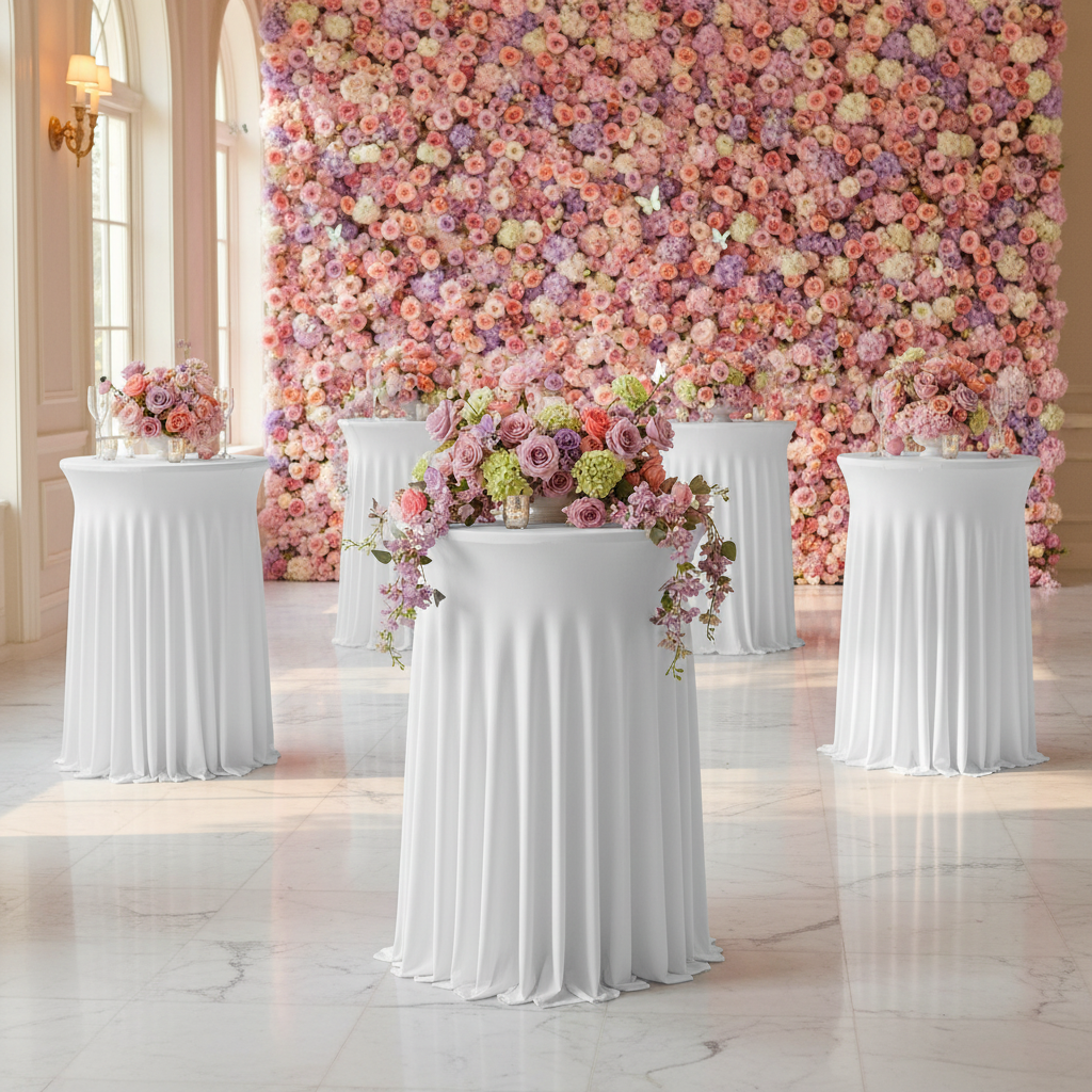 indoor spring setup with Wavy Spandex Cocktail Table Cover 30"-32" Round - White