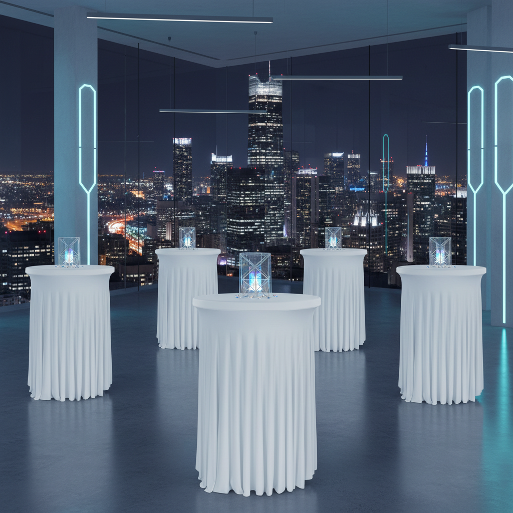 indoor corporate gala night with Wavy Spandex Cocktail Table Cover 30"-32" Round - White