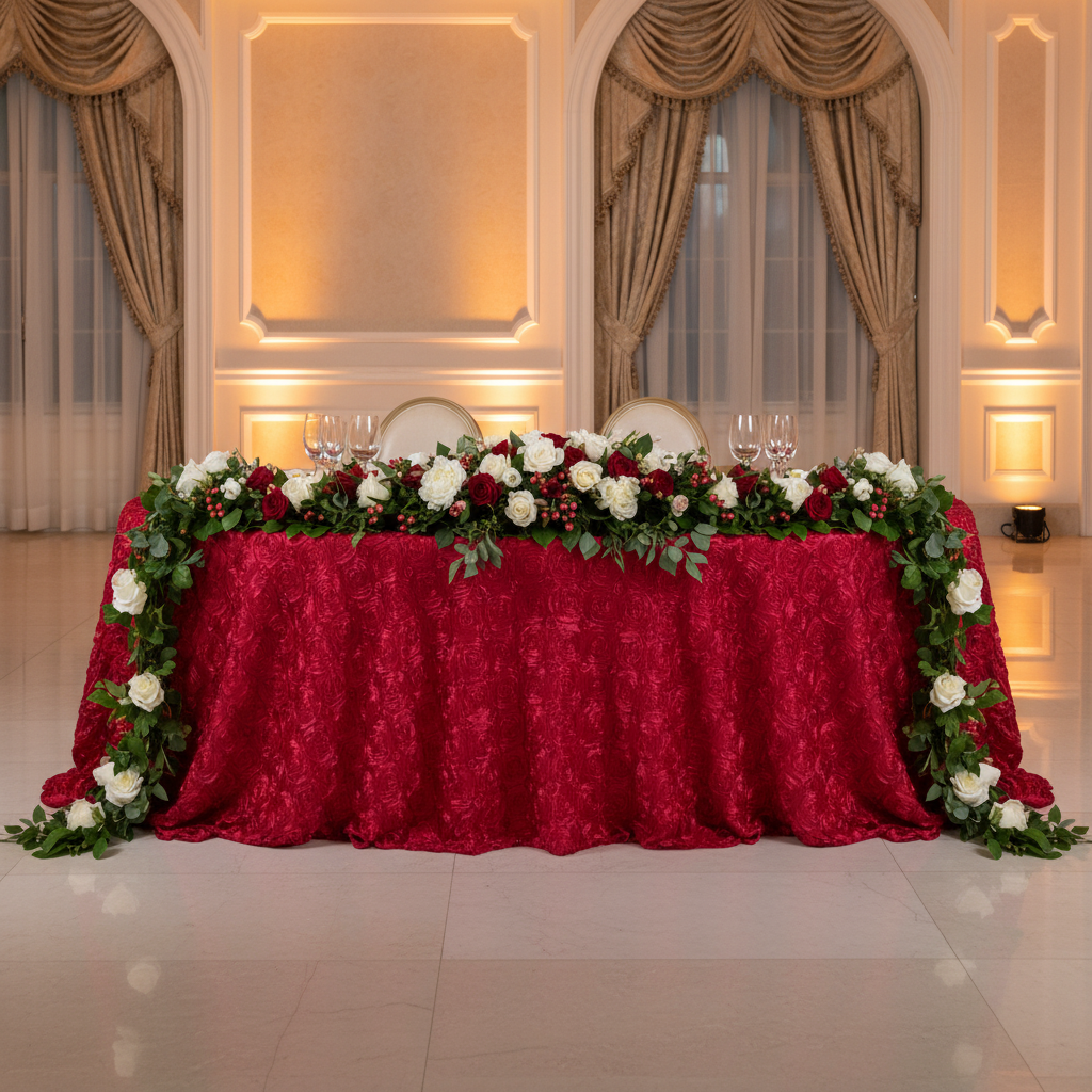 Wedding Rosette SATIN 132" Round Tablecloth - Apple Red for sweetheart table with flower premade table runner