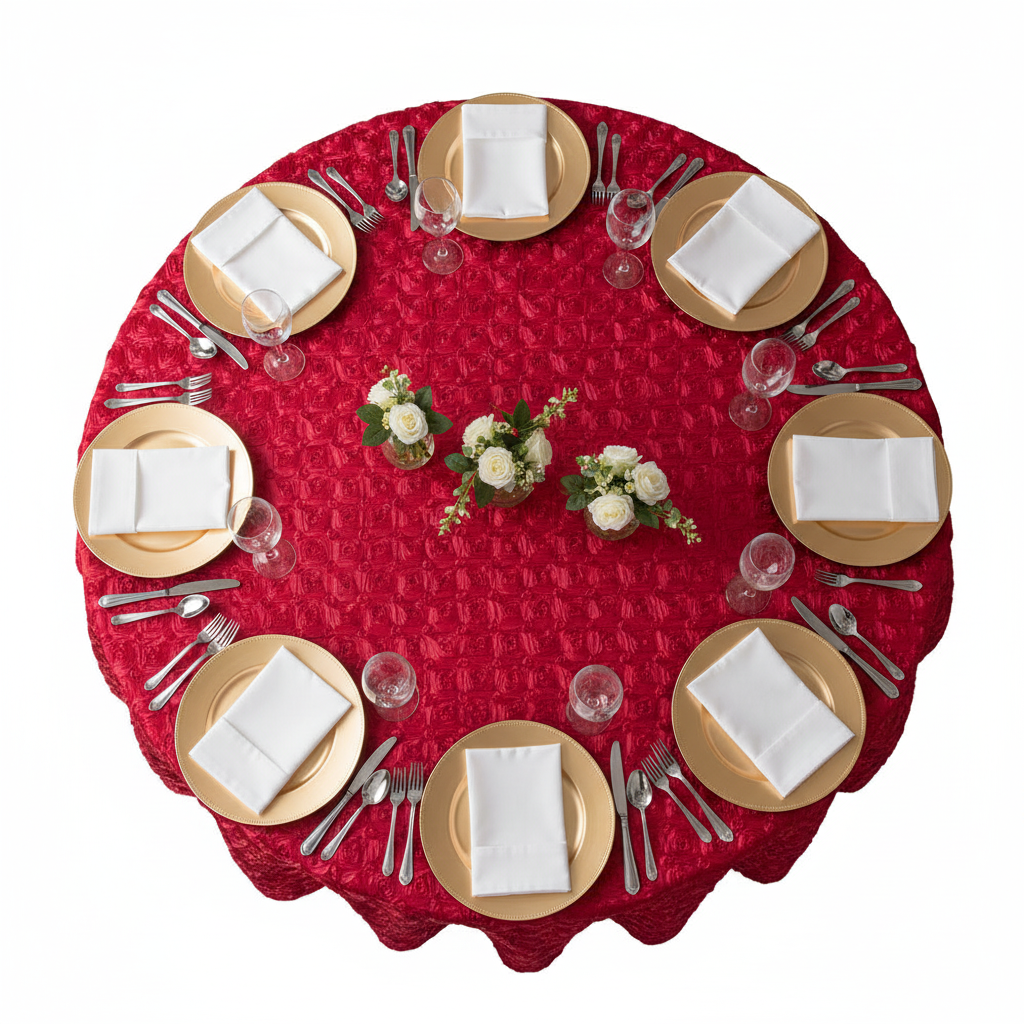 Wedding Rosette SATIN 132" Round Tablecloth - Apple Red with gold charger plate | white napkin | wine goblets