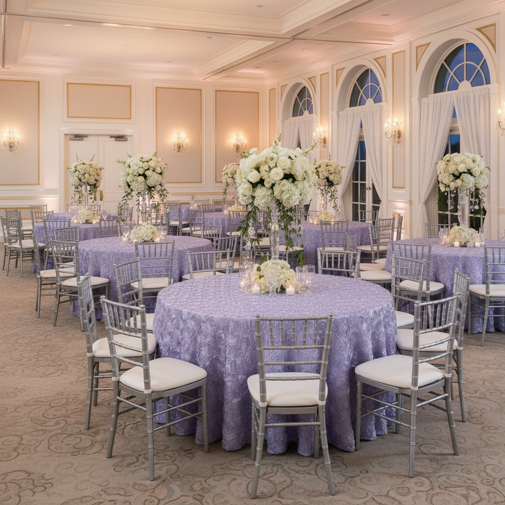 Wedding Rosette Satin 120" Round Tablecloth - Lavender with floral centerpiece | silver chiavari chair
