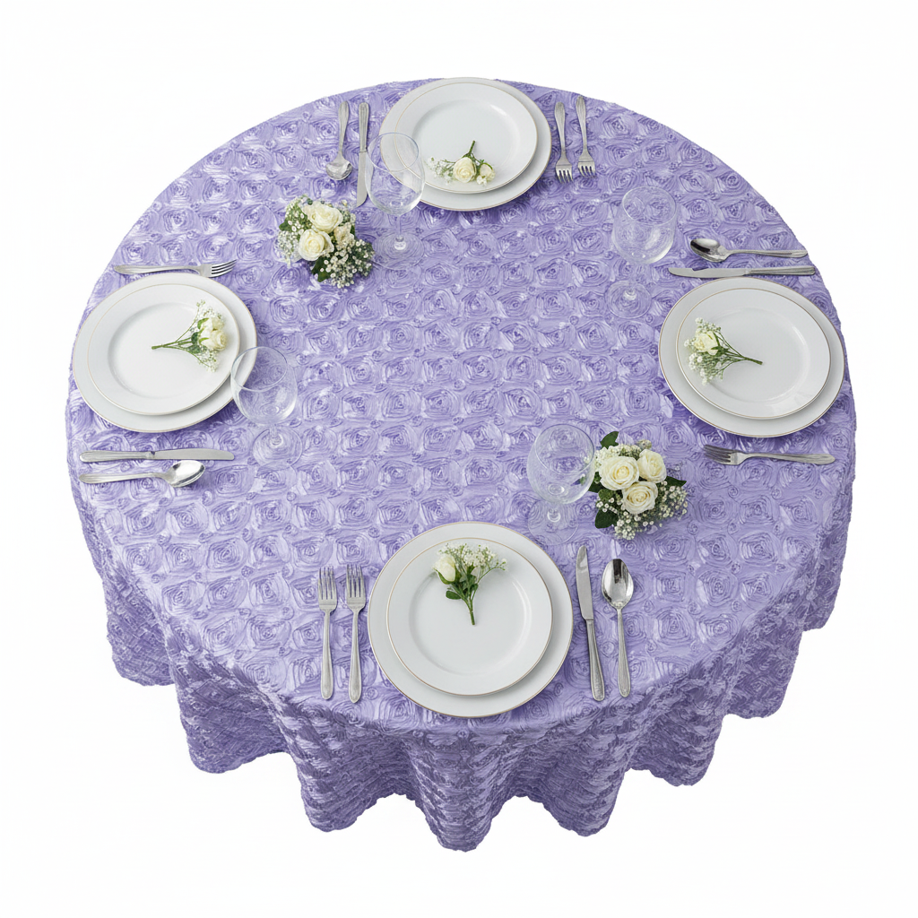 Wedding Rosette Satin 120" Round Tablecloth - Lavender with white dinner plate | wine goblets