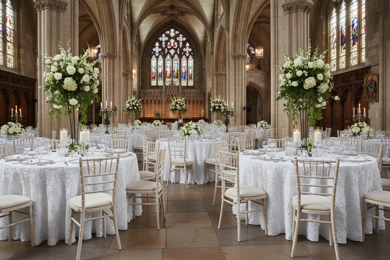 cathedral wedding reception with Wedding Rosette Satin 120" Round Tablecloth - White