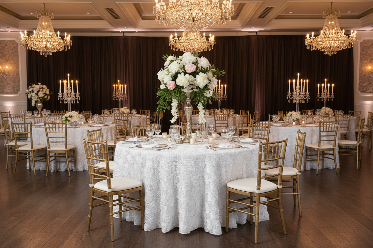 indoor luxury wedding with Wedding Rosette Satin 120" Round Tablecloth - White