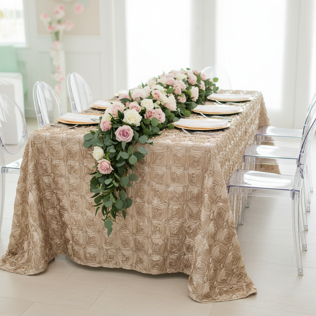 Wedding Rosette Satin 90"x132" rectangular Tablecloth - Champagne