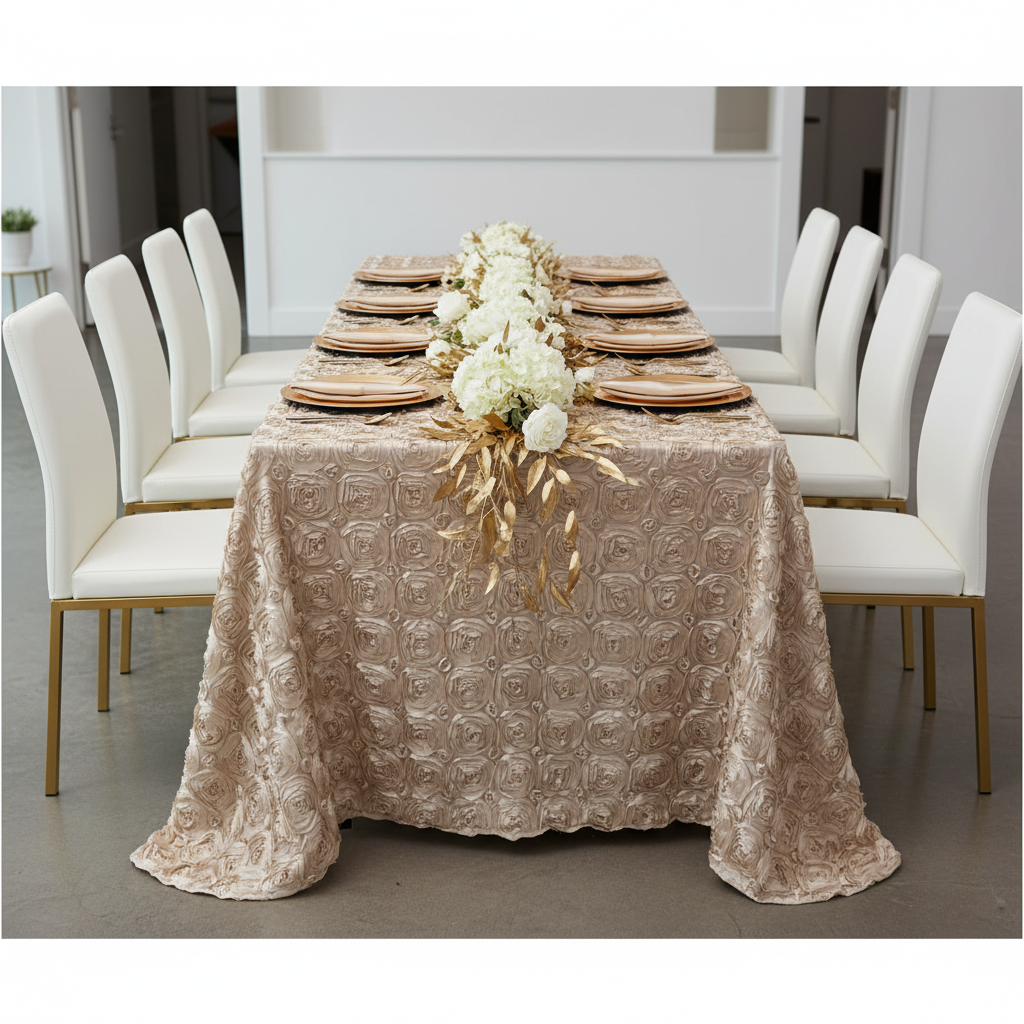 Wedding Rosette Satin 90"x132" rectangular Tablecloth - Champagne