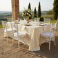 Wedding Rosette Satin 90"x132" rectangular Tablecloth - Ivory with gold charger plate | white dinner plate | white napkin|