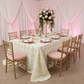 Wedding Rosette Satin 90"x132" rectangular Tablecloth - Ivory with gold charger plate | white dinner plate | white napkin | flower centerpiece | chiavari chair