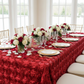Wedding Rosette Satin 90"x156" rectangular Tablecloth - Apple Red for engagement party with gold charger plate | white chiavari chair