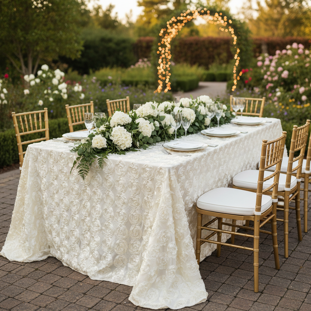 Wedding Rosette Satin 90"x156" rectangular Tablecloth - Ivory with white charger plate | white dinner plate | gold chiavari chair 