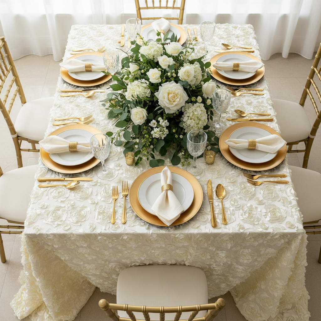 Wedding Rosette Satin 90"x156" rectangular Tablecloth - Ivory with white charger plate | white dinner plate | gold chiavari chair | white napkin