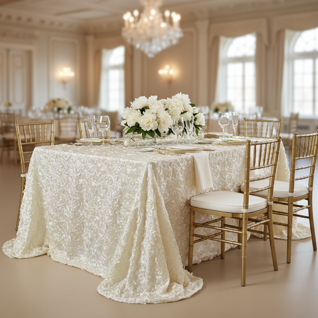 Wedding Rosette Satin 90"x156" rectangular Tablecloth - Ivory with gold trimmed charger plate | white dinner plate | gold chiavari chair | white napkin
