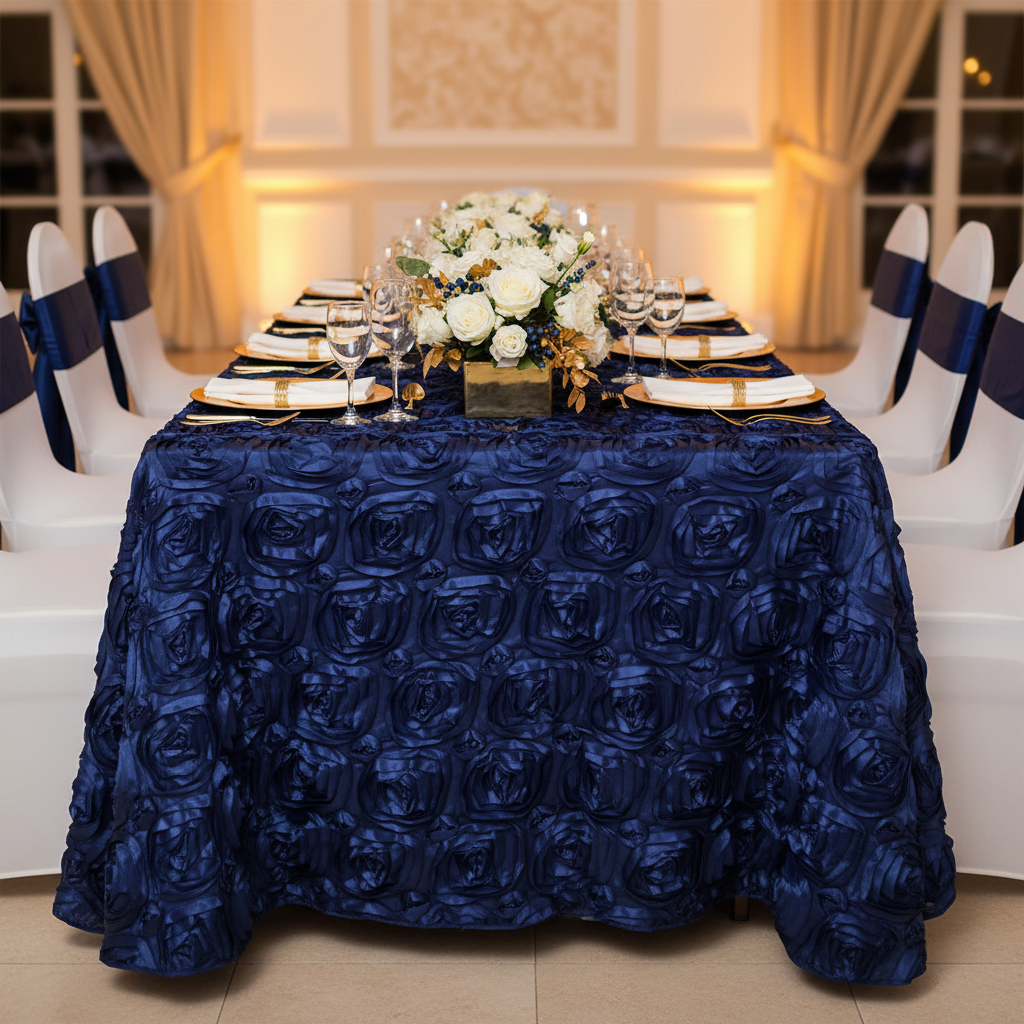 Wedding Rosette Satin 90"x156" rectangular Tablecloth - Navy Blue