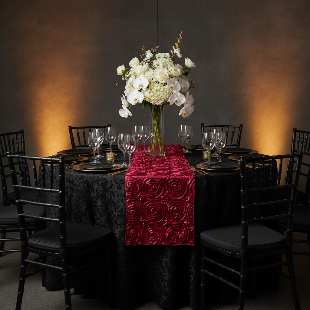 Wedding Rosette Satin Table Runner - Burgundy