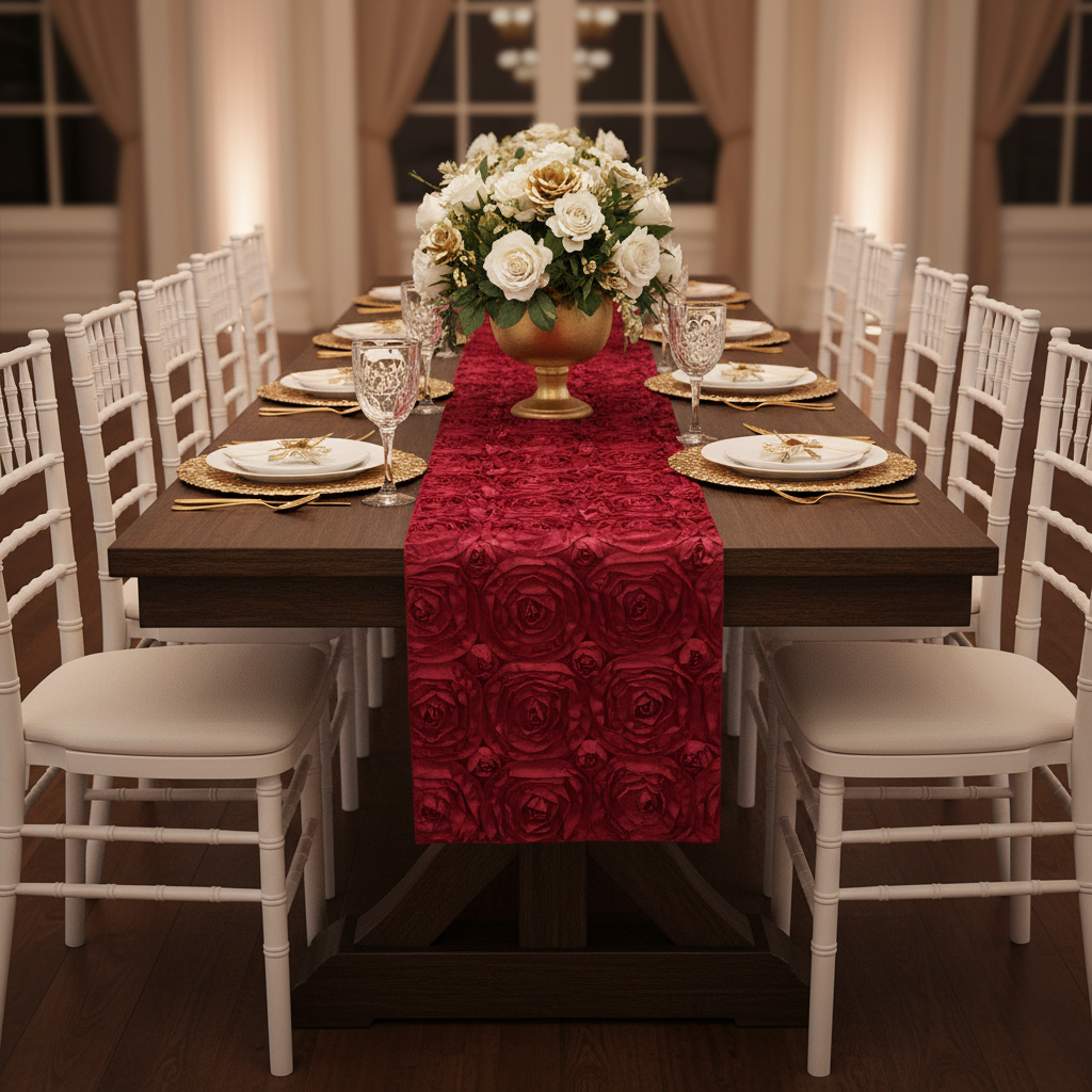 Wedding Rosette Satin Table Runner - Burgundy