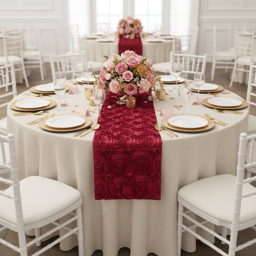 Wedding Rosette Satin Table Runner - Burgundy