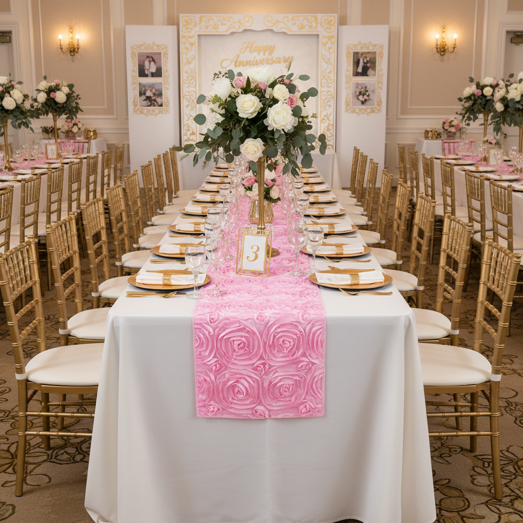 Wedding Rosette Satin Table Runner - Medium Pink | tablecloth | charger plate | napkin | wine goblets | 