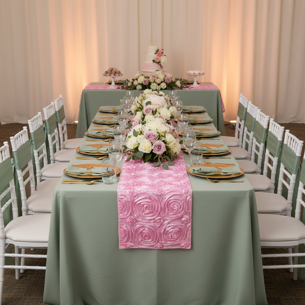 Wedding Rosette Satin Table Runner - Medium Pink | tablecloth | charger plate | napkin | wine goblets | flower premade runner