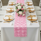 Wedding-Rosette-Satin-Table-Runner-Medium-Pink | tablecloth | charger plate | napkin | wine goblets 