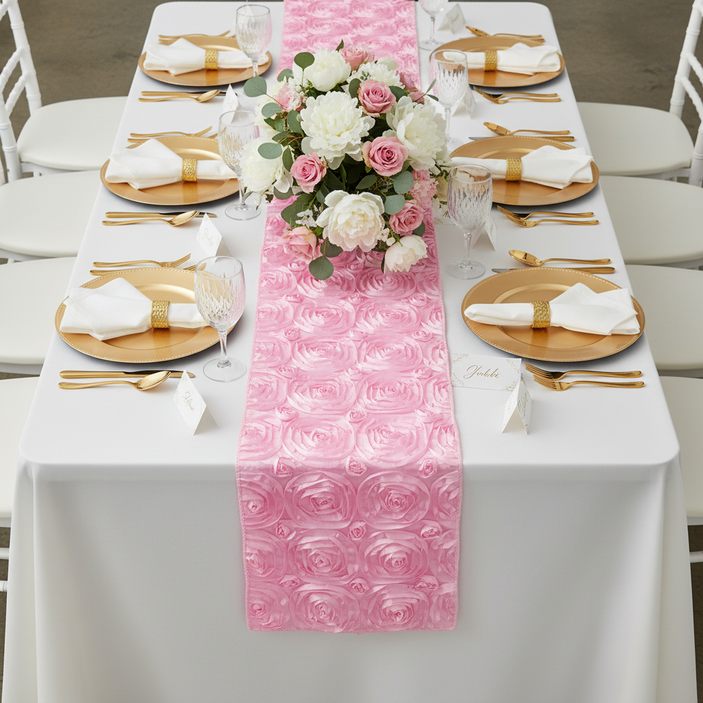 Wedding-Rosette-Satin-Table-Runner-Medium-Pink | tablecloth | charger plate | napkin | wine goblets 