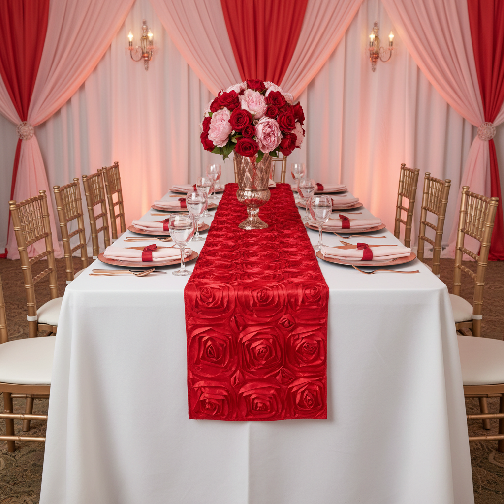 Wedding Rosette Satin Table Runner - Red | charger plate | napkin | wine goblets |