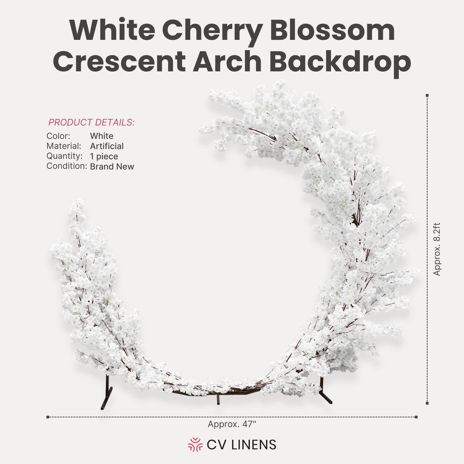 White Cherry Blossom Crescent Arch Backdrop infographic showing height of 8.2ft and overall width of 47"