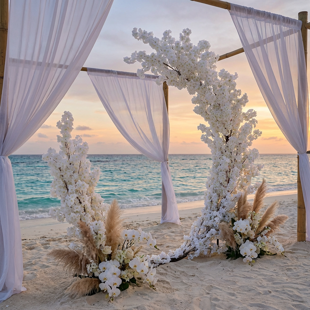 White Cherry Blossom Crescent Arch Backdrop beach set up with sheer drapes and pampas and orchid stems