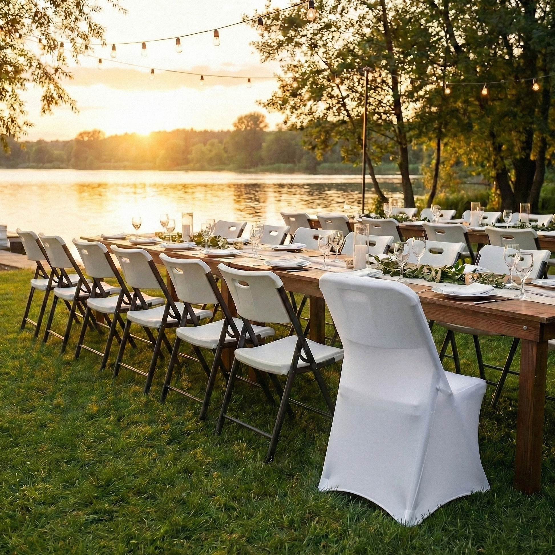 Contemporary LIFETIME Spandex folding chair Cover White showing on the square edge contemporary chair outdoor setting