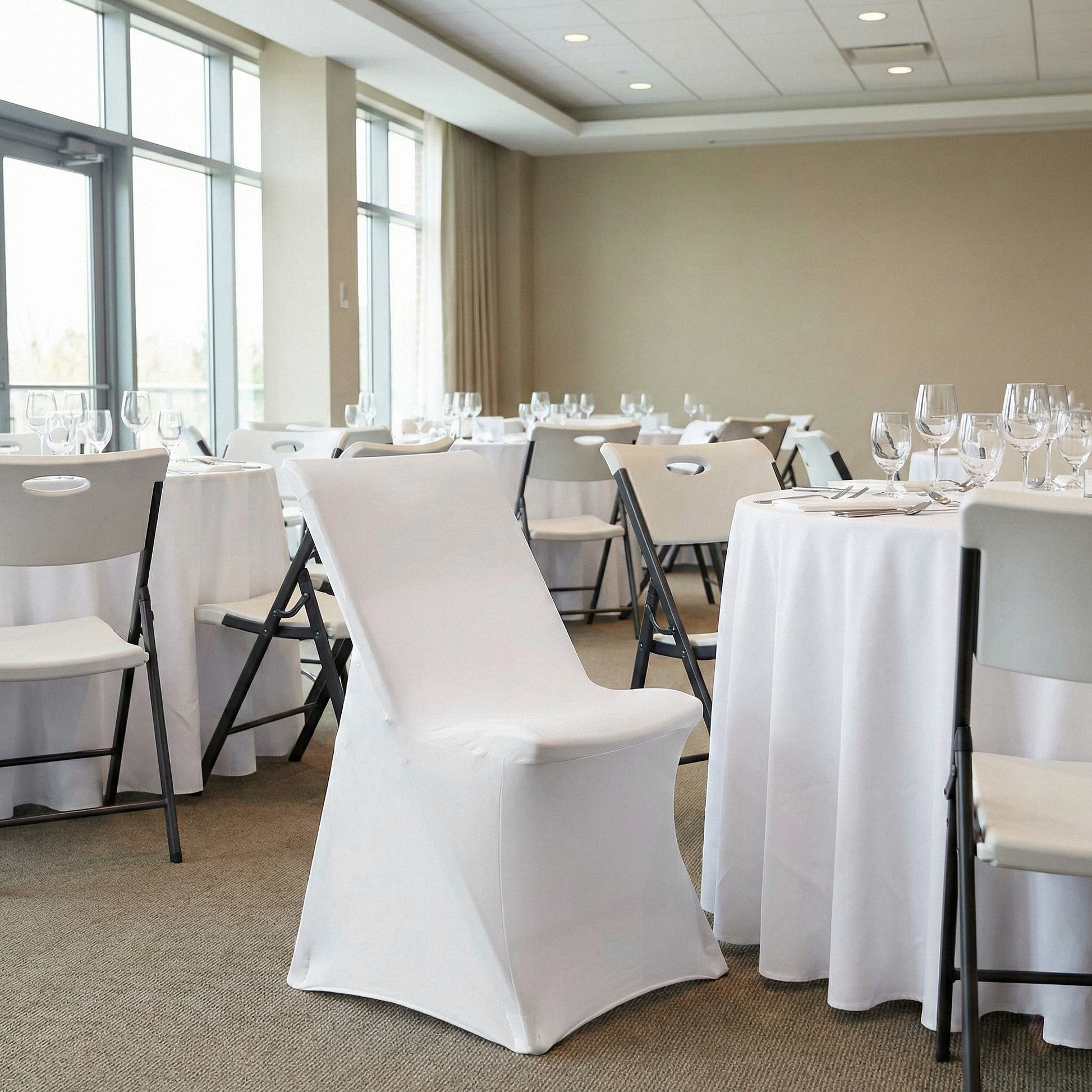 Contemporary LIFETIME Spandex folding chair Cover White showing on the square edge contemporary chair around a round tablecloth