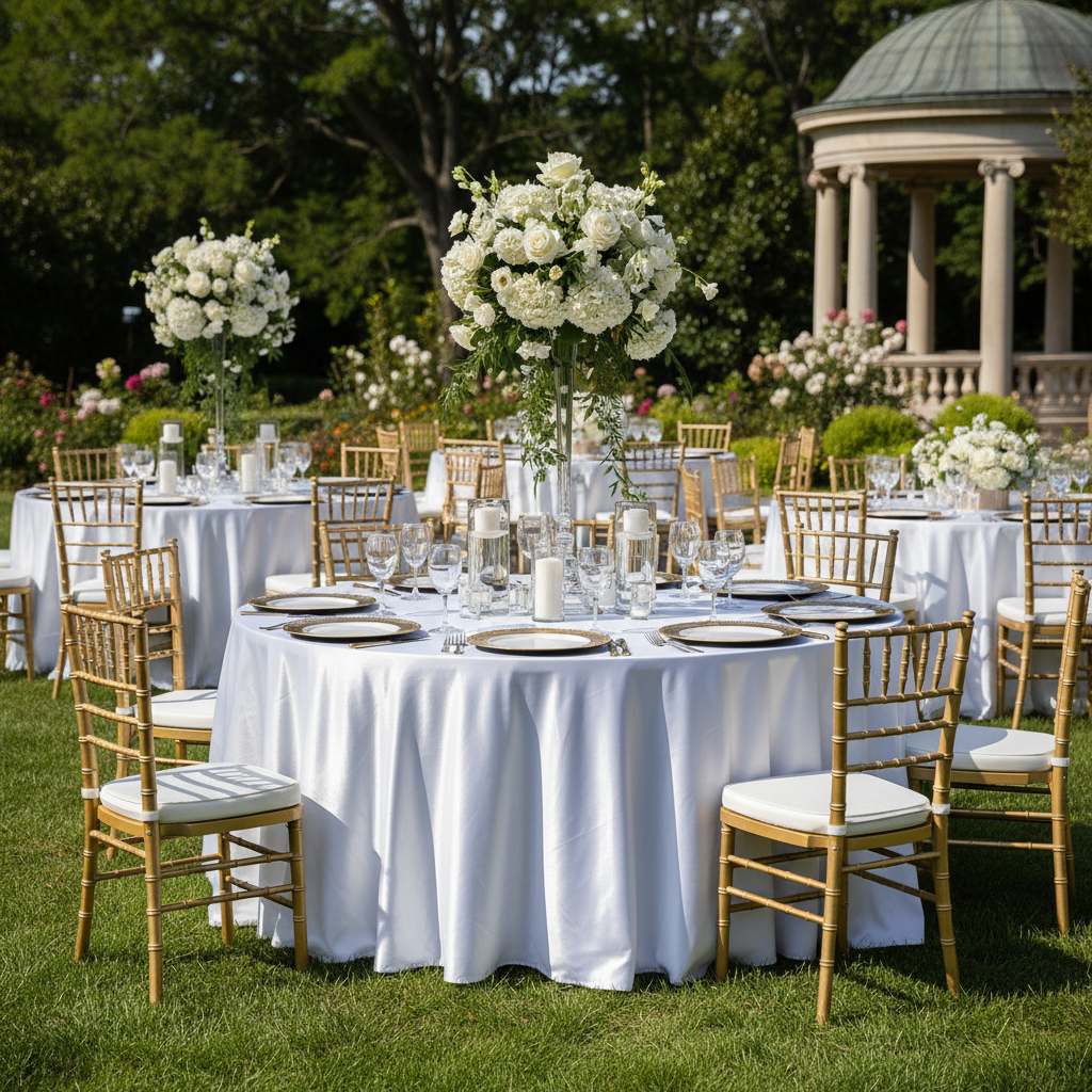 Outdoor event Premium Satin (Wrinkle-Resistant) Round Tablecloth White with gold chiavari chairs, gold rimmed charger plates and wine glasses