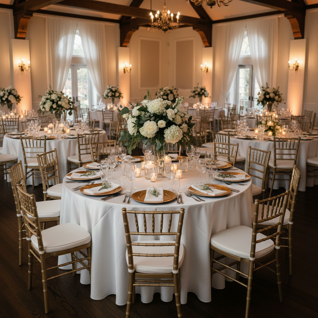 Premium Satin (Wrinkle-Resistant) Round Tablecloth with gold chiavari chairs, gold charger plates and floral centerpieces