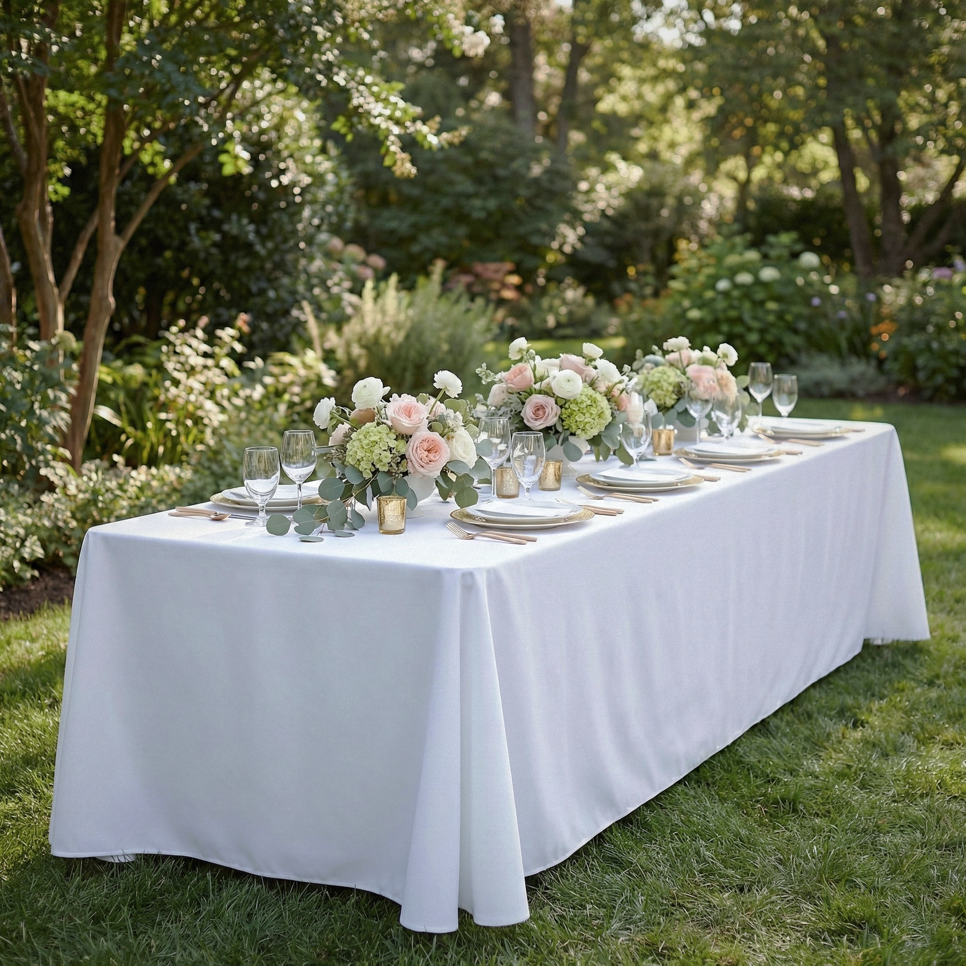 Scuba King 108"x156" Rectangular Tablecloth White outdoor set up with floral centerpieces, gold charger plates, white dinnerware, and wine glasses