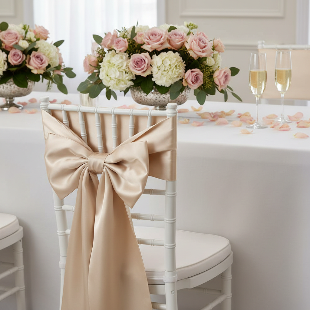 Wide Satin Chair Sash - Champagne for beach front reception with | white chiavari chair | white tablecloth | wine goblets | 