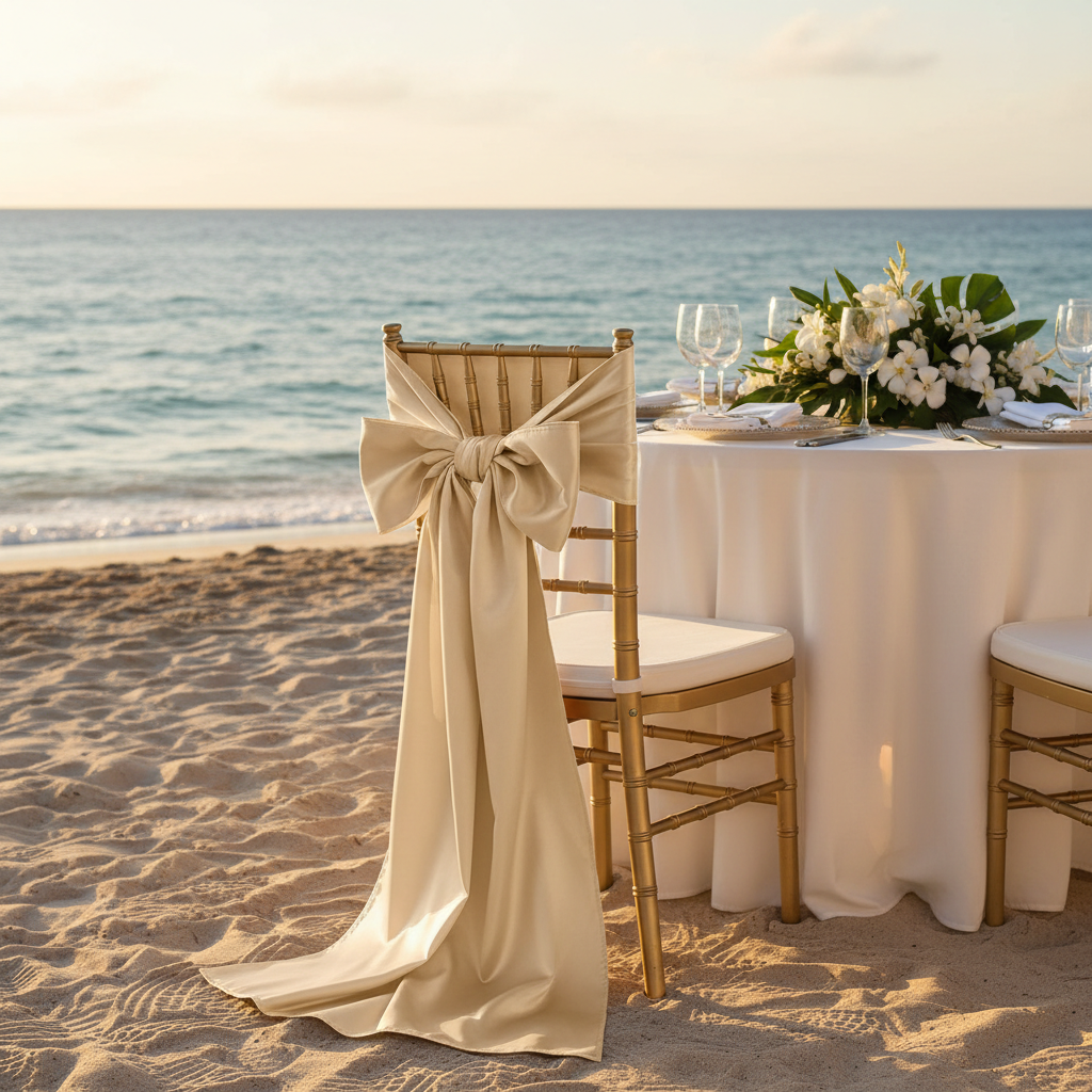Wide Satin Chair Sash - Champagne for beach front reception with | gold chiavari chair | ivory tablecloth | wine goblets | gold trimmed charger plate