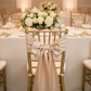 Wide Satin Chair Sash - Champagne for beach front reception with | gold chiavari chair | ivory tablecloth | wine goblets | white dinner plate