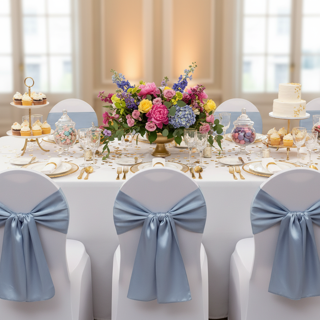 Wide Satin Chair Sash - Dusty Blue on white chair cover | white tablecloth | gold trimmed charger plate | white dinner plate | white napkin
