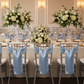 Wide Satin Chair Sash - Dusty Blue on silver chiavari chair | ivory tablecloth | gold charger plate | white napkin
