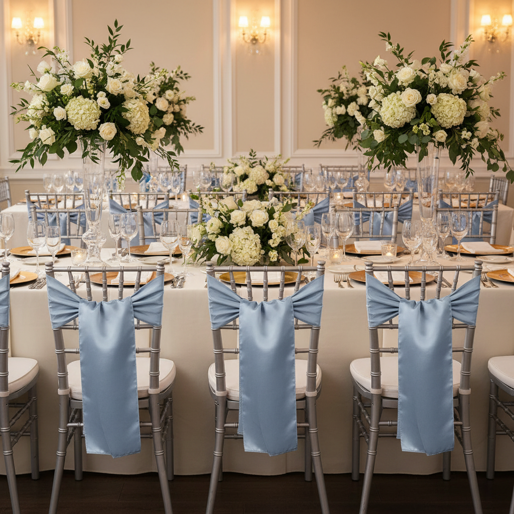 Wide Satin Chair Sash - Dusty Blue on silver chiavari chair | ivory tablecloth | gold charger plate | white napkin